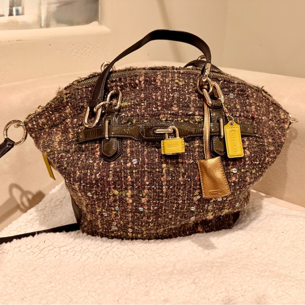 Coach Multicolor Tweed Shoulder Bag with Gold and Yellow Accents